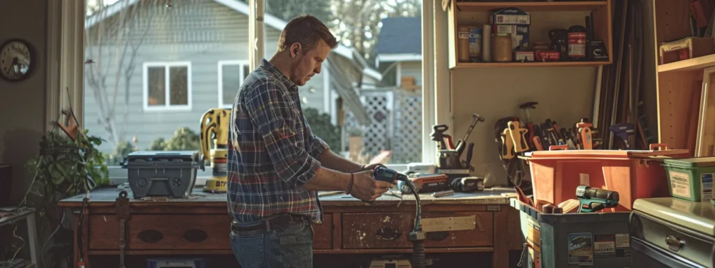 a dynamic and inviting scene captures a tacoma plumber expertly assessing a residential plumbing issue, illuminated by warm, natural light filtering through a nearby window, showcasing a toolbox filled with specialized tools and a backdrop of local homes embodying community spirit.