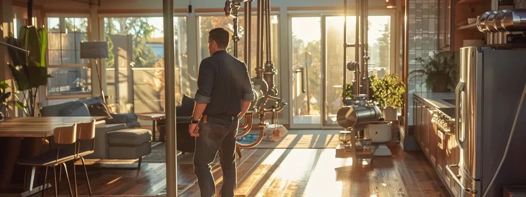 a dynamic shot of a skilled plumber meticulously inspecting a modern residential plumbing system, showcasing gleaming pipes and high-quality materials under soft, natural lighting that highlights the professionalism and efficiency of tacoma's premier plumbing services.