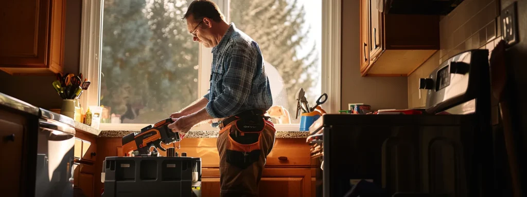 a focused composition captures a professional plumber confidently examining a toolbox amidst gleaming fixtures in a tacoma, wa home, illuminated by warm, natural light filtering through a nearby window, emphasizing reliability and expertise in plumbing services.