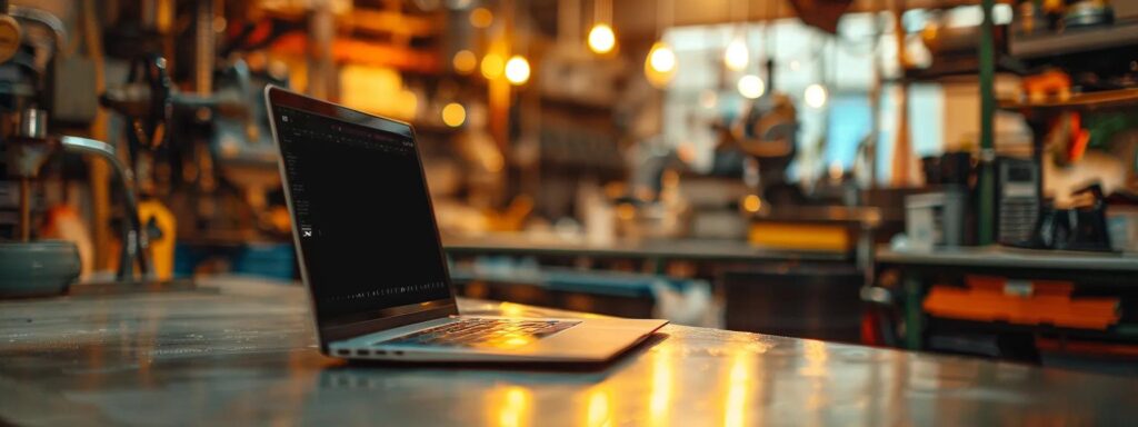 a focused image of a laptop displaying glowing customer reviews with a blurred background of a plumbing workshop, highlighting the importance of online feedback in choosing reliable plumbing services.