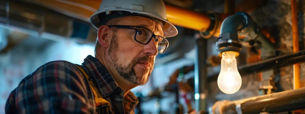 a focused shot of a professional plumber inspecting pipes in a well-lit tacoma basement, showcasing tools and equipment that emphasize quality service and expertise.