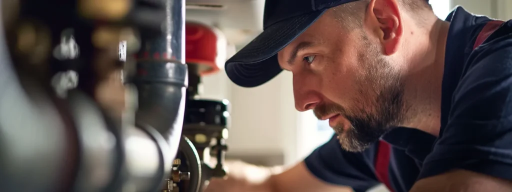 a focused shot of a professional tacoma plumber expertly assessing a complex plumbing system in a well-lit, modern home, emphasizing the importance of trust and expertise in maintaining household integrity.