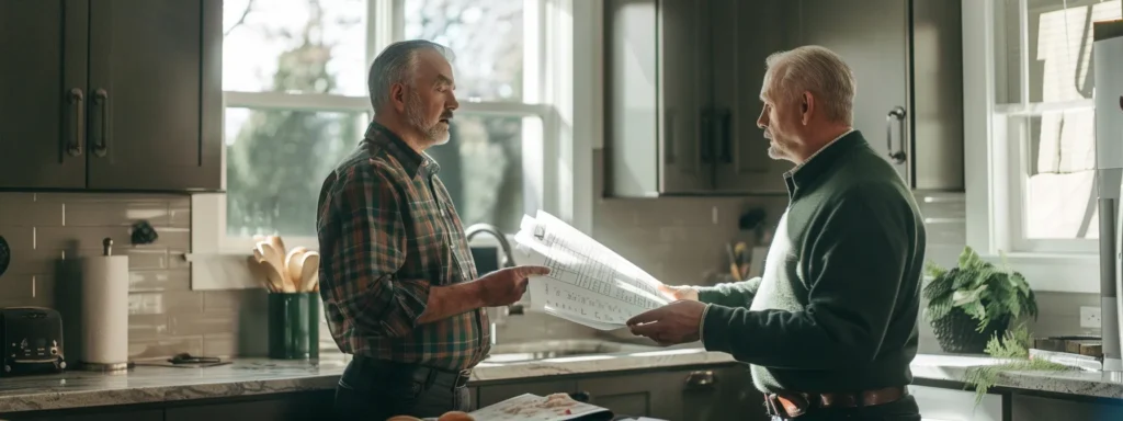 a focused tacoma homeowner stands confidently by a well-organized checklist, discussing plumbing options with a knowledgeable contractor in a warm, inviting kitchen setting, illuminated by soft, natural light.
