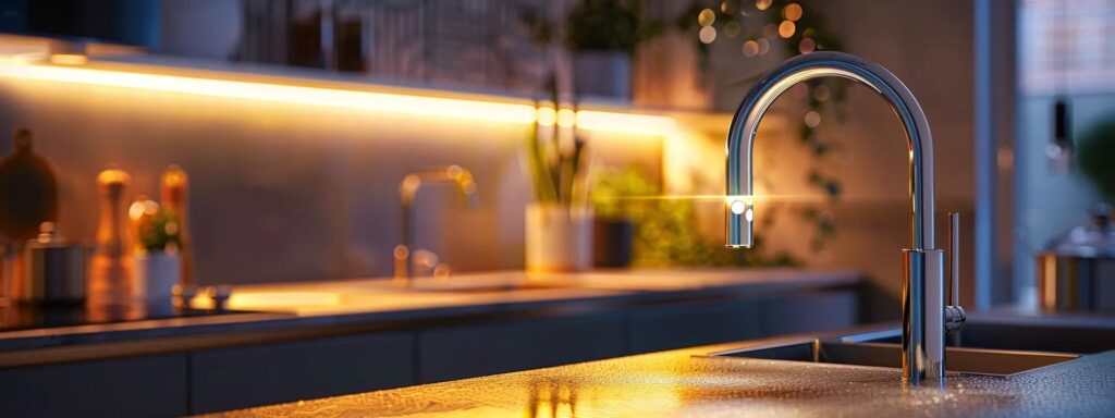 a gleaming kitchen faucet stands prominently over a polished countertop, illuminated by soft, warm lighting that highlights its sleek design and enhances the inviting atmosphere of an expertly maintained home.