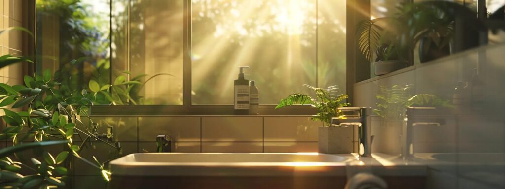 a gleaming modern bathroom showcases impeccable plumbing fixtures, emphasizing the professionalism and reliability of a trusted plumbing company, illuminated by soft, natural light filtering through a large window.