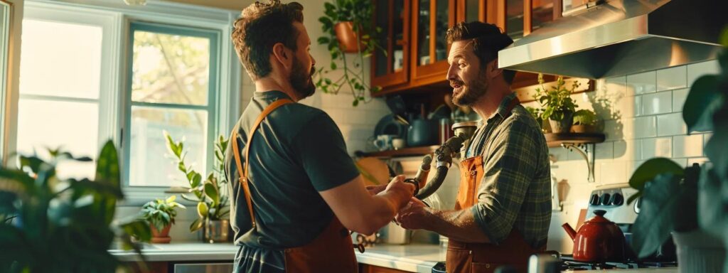 a harmonious scene of a friendly plumber in a bright, well-lit kitchen, discussing project details with a homeowner amidst gleaming plumbing tools and vibrant houseplants, emphasizing open communication and collaboration.