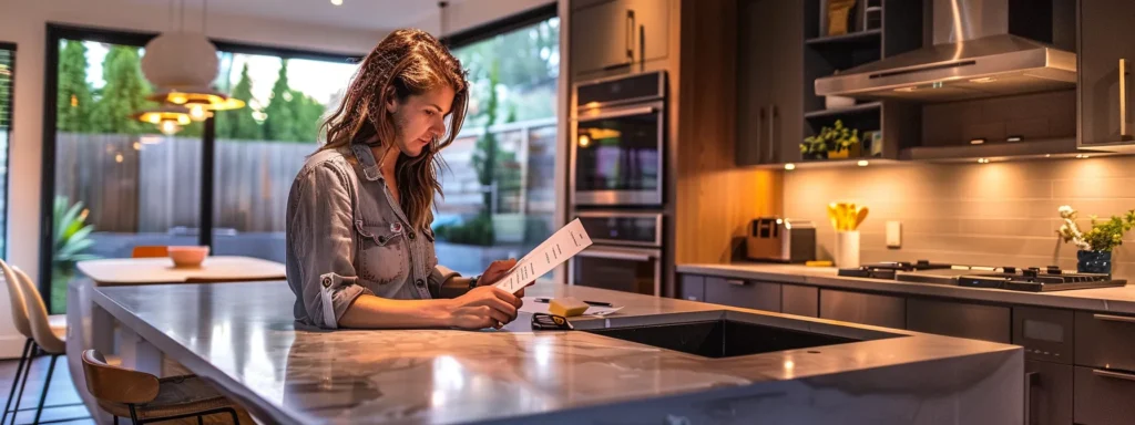a homeowner meticulously reviews an array of plumbing service quotes on a sleek, modern countertop, illuminated by warm, natural light, highlighting the importance of informed decision-making in affordable home repairs.