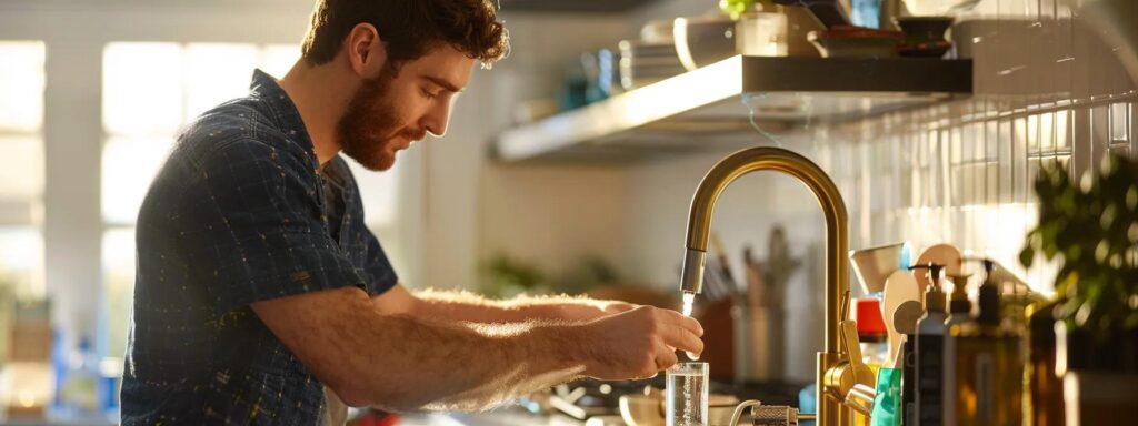 a knowledgeable plumber, surrounded by gleaming tools and vibrant plumbing fixtures, thoughtfully inspects a shimmering faucet in a well-lit, modern kitchen, embodying professionalism and expertise in home repair.