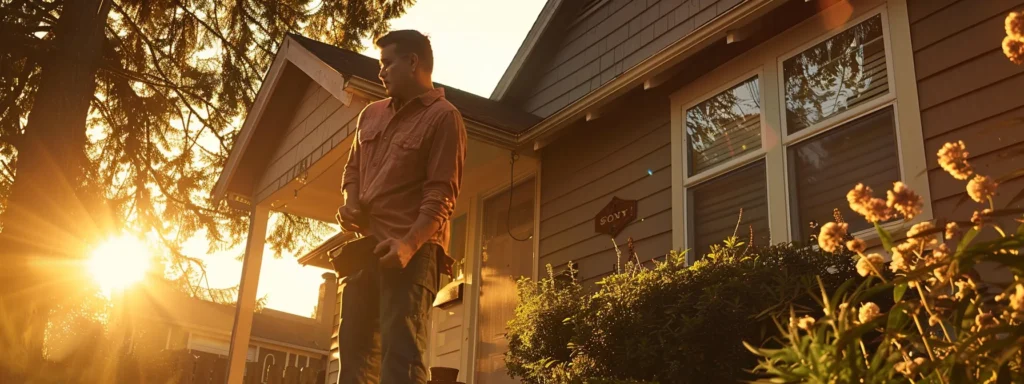 a local plumber efficiently repairing a vibrant, well-maintained home in tacoma, illuminated by warm afternoon sunlight, highlighting the tranquility and financial peace of mind brought by expert services.