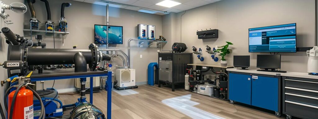 a modern plumbing scene showcasing advanced drainage solutions, featuring sleek trenchless technology equipment, powerful hydro jetting in action, and a cutting-edge video inspection setup, all bathed in bright, natural lighting for a crisp and innovative atmosphere.