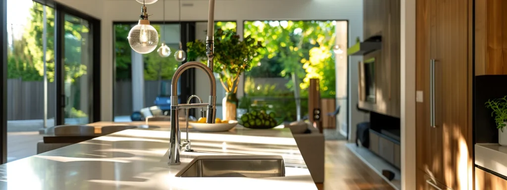 a modern residential kitchen showcases sleek plumbing upgrades, featuring a stylish faucet and an efficient water heater, bathed in warm, natural light that highlights the inviting atmosphere.