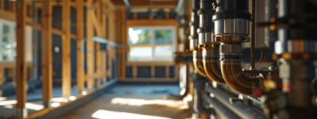 a modern tacoma home showcases a partially visible repiping project in progress, featuring shiny new pipes and plumbing materials under warm, natural lighting that highlights their quality and durability.