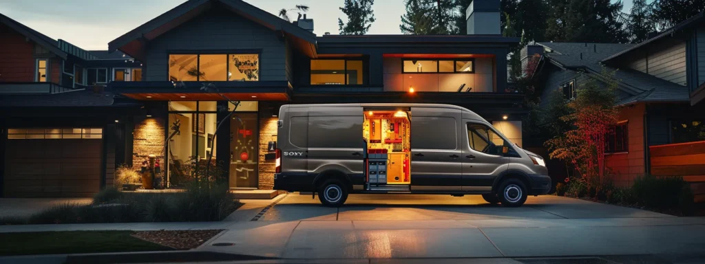 a modern tacoma plumbing service van parked in front of a stylish home, with tools and equipment prominently displayed, capturing the essence of professional plumbing expertise and innovative technology.