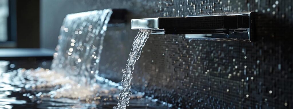 a polished residential bathroom showcases a gleaming new faucet with shimmering water cascading gracefully, emphasizing the excellence of plumbing service and quality craftsmanship in a contemporary setting.