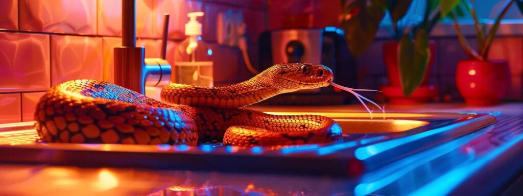 a powerful plumbing snake, glistening and coiled, lies poised beside a gleaming kitchen sink, hinting at its potential to conquer stubborn clogs with a backdrop of vibrant kitchen colors illuminating the scene.