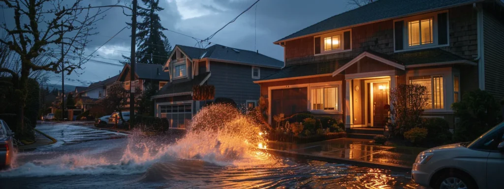 a powerful scene captures a dramatic plumbing emergency in tacoma, where a burst pipe unleashes a torrent of water flooding a home, illuminated by flickering emergency lights and underscoring the urgency of reliable plumbing services.