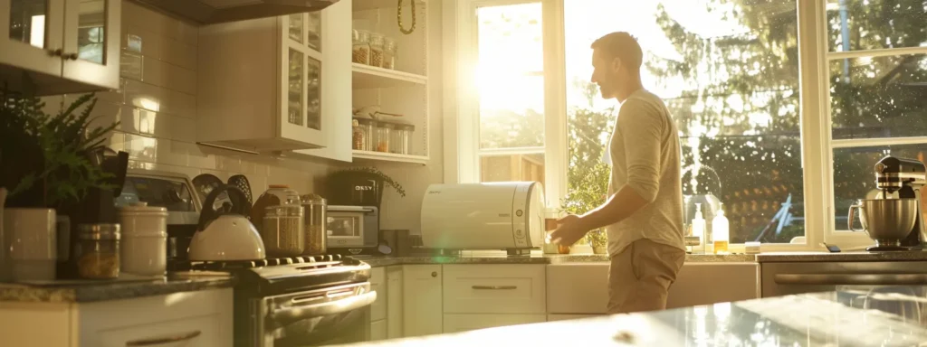 a pristine kitchen interior with a radiant sunlight streaming in, showcasing a gleaming new water heater and a skilled plumber engaging in a professional consultation, epitomizing exceptional customer service and reliability in plumbing.