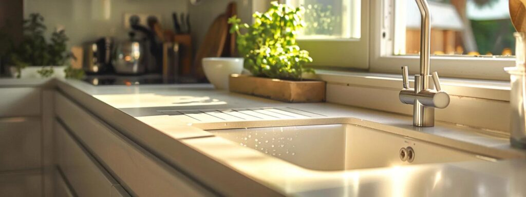 a pristine kitchen sink with sparkling clean plumbing, featuring a modern drain maintenance setup, illuminated by warm, natural light, exuding a sense of order and effective household management.