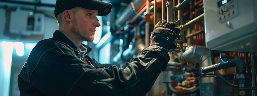 a professional emergency plumber in tacoma, dressed in a crisp uniform, confidently inspects an intricate network of pipes in a well-lit, modern bathroom, emphasizing reliability and expertise in crisis management.
