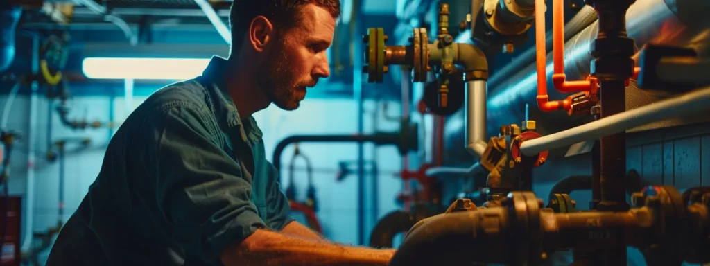 a professional plumber evaluates a complex array of pipes and valves in a dimly lit tacoma basement, emphasizing the urgency and intricacies of emergency plumbing repairs with dramatic shadows and focused lighting.