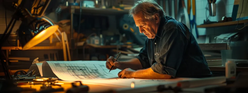 a professional plumber expertly analyzes blueprints in a well-lit tacoma workshop, surrounded by polished tools and equipment that symbolize quality and reliability in plumbing contracting.