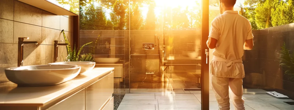 a professional plumber in a sleek, modern bathroom carefully inspects advanced eco-friendly plumbing technology, illuminated by warm, natural light streaming through a window, showcasing exceptional service and expertise.