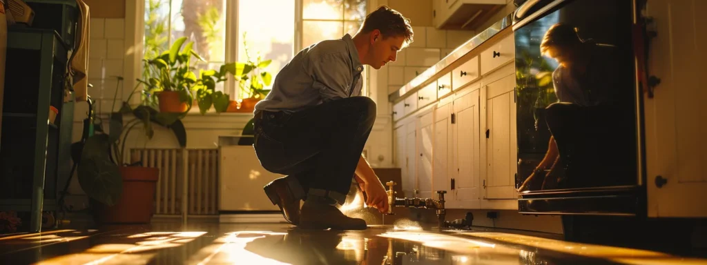 a professional plumber in a bright, modern tacoma home confidently inspects a gleaming sewer line access point, illuminated by natural light streaming in from a nearby window, highlighting the importance of expert plumbing services.