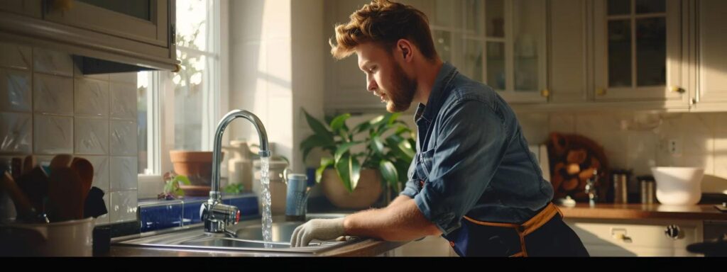 a professional plumber in uniform expertly inspects a gleaming kitchen sink amidst a warm, inviting atmosphere, symbolizing the peace of mind that comes from trustworthy plumbing repair services.