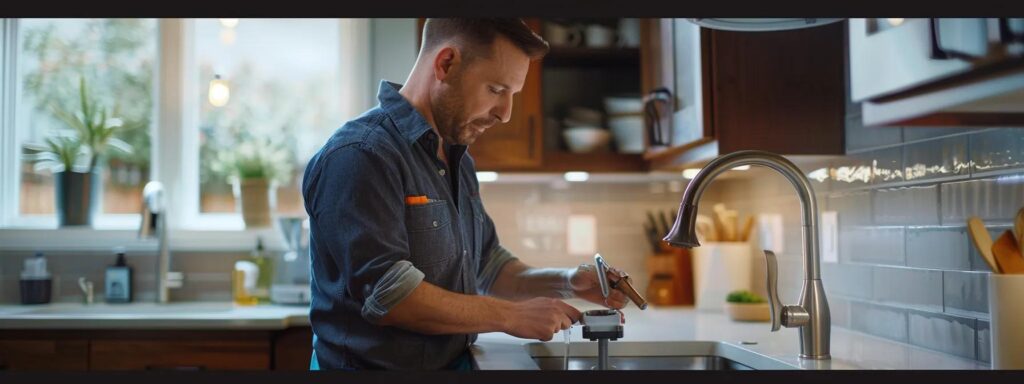 a professional plumber inspects a gleaming, modern kitchen sink, demonstrating advanced tools and technologies amidst a backdrop of spotless countertops and vibrant plumbing fixtures, illuminated by soft, natural light.