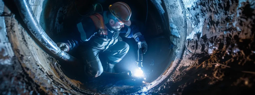 a professional technician, equipped with advanced drain cleaning tools, inspects a gleaming, clear sewer line under bright, focused lighting, showcasing the meticulous process of ensuring efficient maintenance.