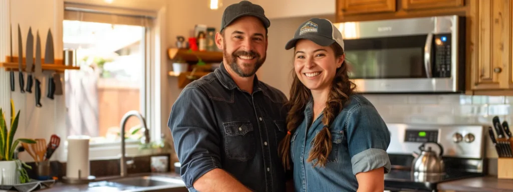 a satisfied tacoma homeowner stands confidently next to a local plumber, their bright smiles reflecting trust and reassurance in a cozy, well-lit kitchen showcasing plumbing installations.