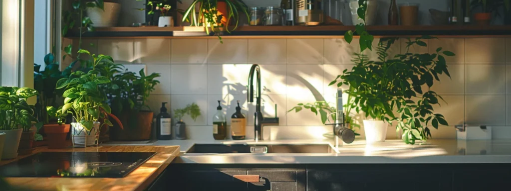 a serene home interior features a gleaming, modern kitchen with meticulously maintained plumbing, showcasing vibrant plants and polished surfaces that symbolize the importance of regular upkeep and care.