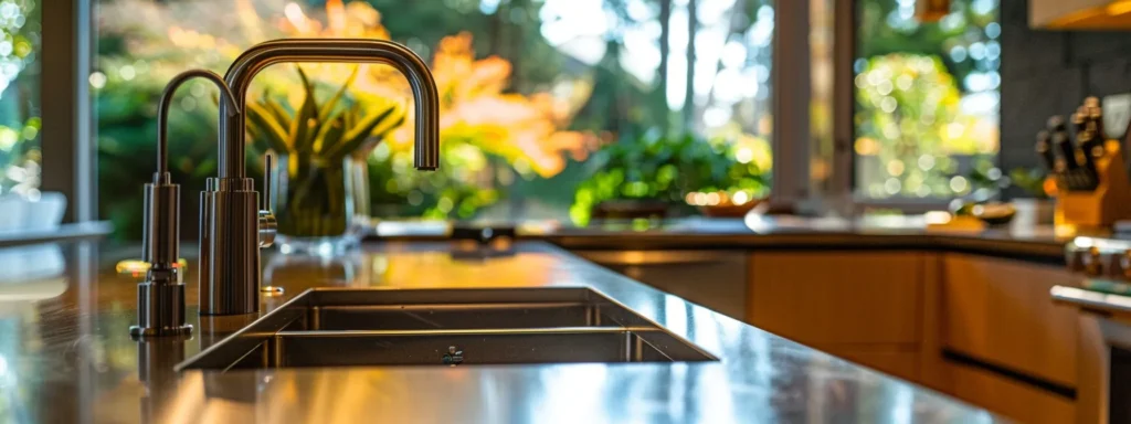 a serene tacoma home interior showcases a modern, elegant kitchen with gleaming pipes and a pristine sink, symbolizing efficient plumbing and preventive maintenance amidst soft, natural light.