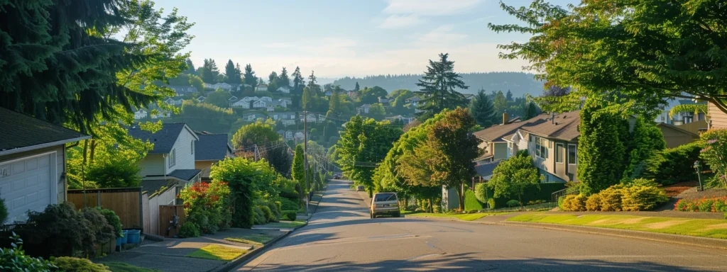 a serene tacoma neighborhood scene showcases an environmentally friendly water heater repair service in action, surrounded by lush greenery and sunlit homes, symbolizing resource conservation and sustainable living.