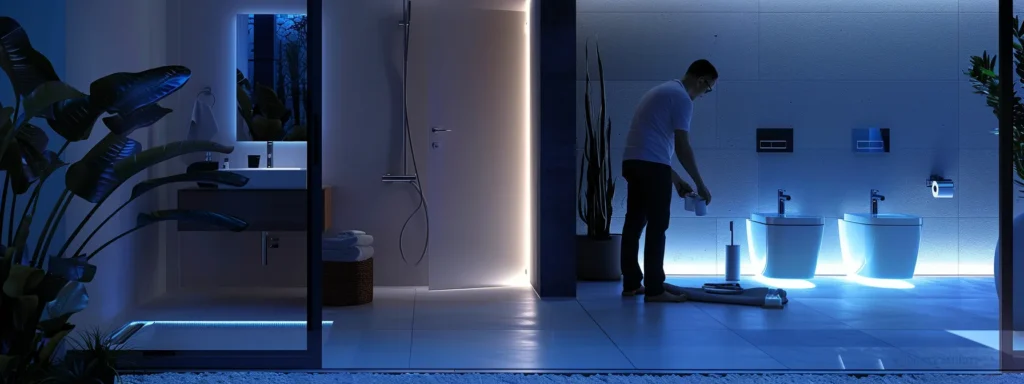 a skilled plumber expertly installs a modern bidet in a beautifully illuminated, sleek bathroom, showcasing high-quality workmanship and a focus on customer satisfaction.