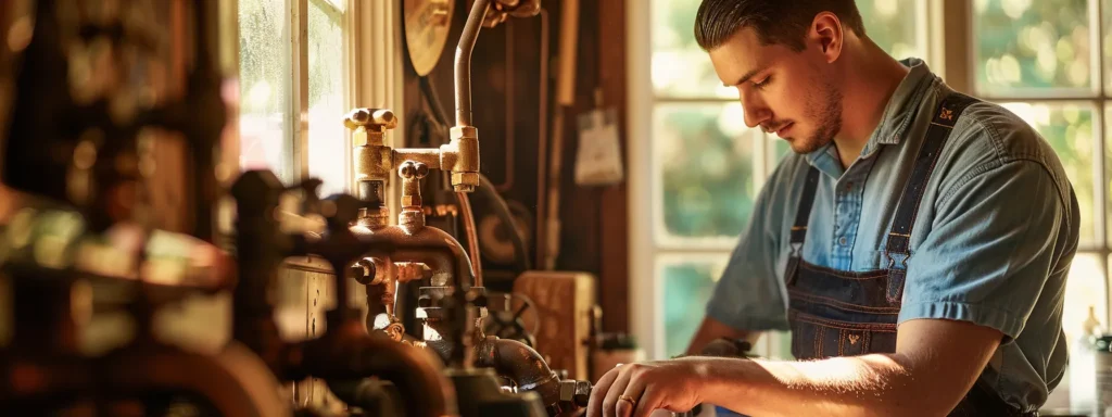 a skilled plumber in tacoma expertly inspects a vintage home’s intricate plumbing system, illuminated by warm afternoon light filtering through a nearby window, capturing the essence of reliable local service and community trust.