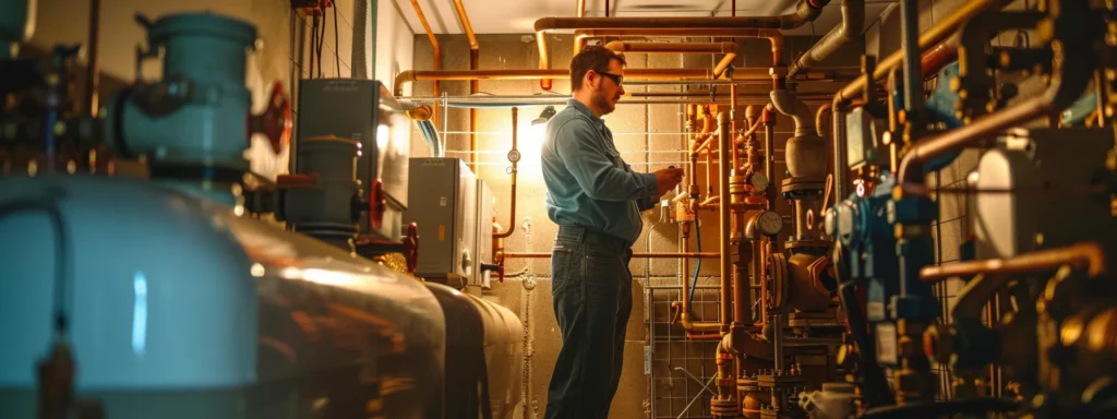 a skilled tacoma plumber expertly inspects an intricate array of gleaming pipes and valves in a well-lit, modern residential basement, highlighting the importance of essential plumbing services for home maintenance.