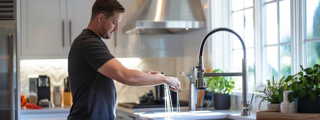 a skilled tacoma plumber expertly installs a sleek, modern faucet in a bright, well-lit residential kitchen, showcasing professionalism and attention to detail in every aspect of his work.