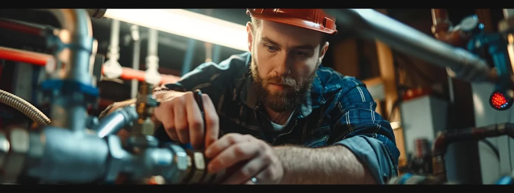 a skilled technician expertly repairs a modern plumbing system in a bustling tacoma business, showcasing efficiency and professionalism under the warm glow of overhead lights.