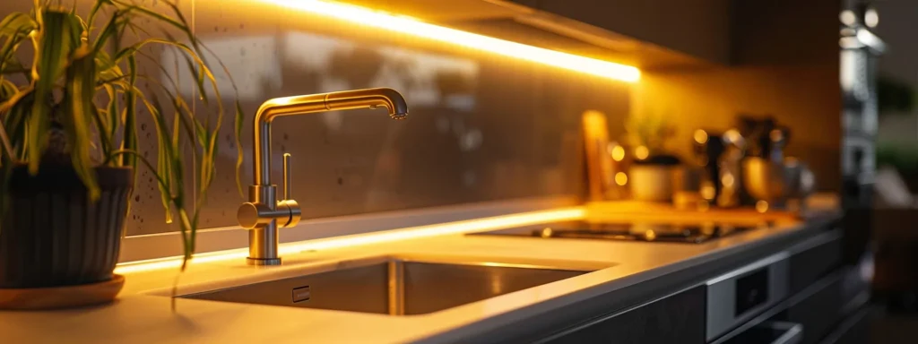 a sleek, modern kitchen features a reliable plumbing system, illuminated by warm lighting, showcasing a polished faucet and high-tech appliances that symbolize the confidence and trust in emergency plumbing services.