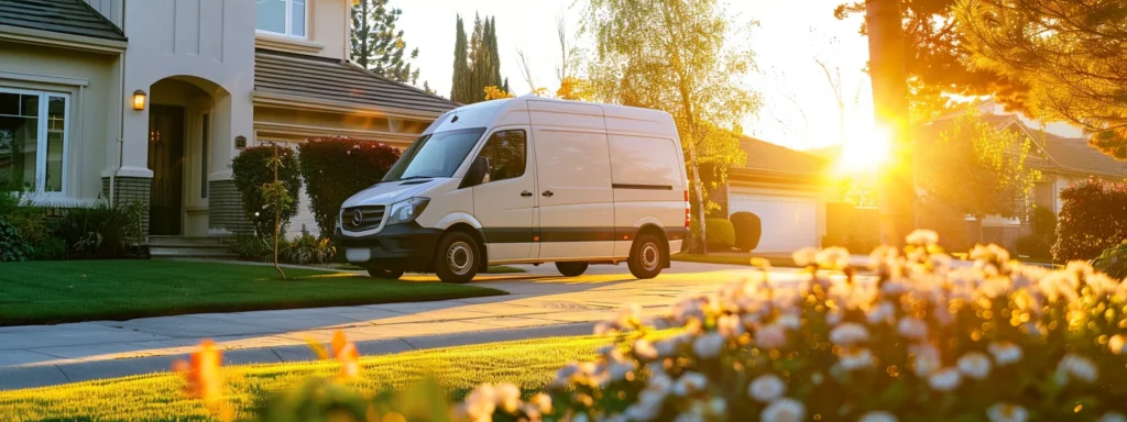 a sleek, modern plumbing van is parked in front of a charming suburban home, with a pristine garden in the foreground, bathed in warm daylight, symbolizing reliable and affordable plumbing services ready to assist homeowners.