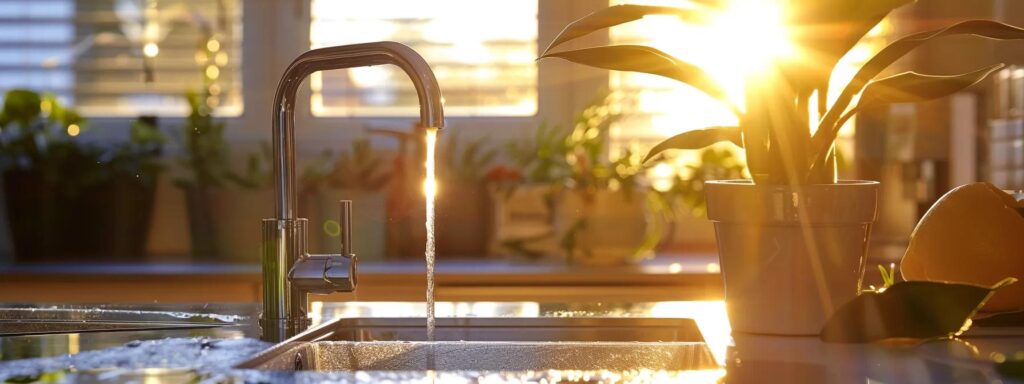 a sparkling, freshly installed kitchen faucet gleams under warm, inviting light, showcasing the quality and reliability of professional plumbing services.