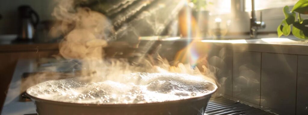 a steaming pot of boiling water, cascades into a gleaming kitchen drain, illuminated by warm sunlight streaming through a nearby window, highlighting the simplicity and effectiveness of natural cleaning methods.
