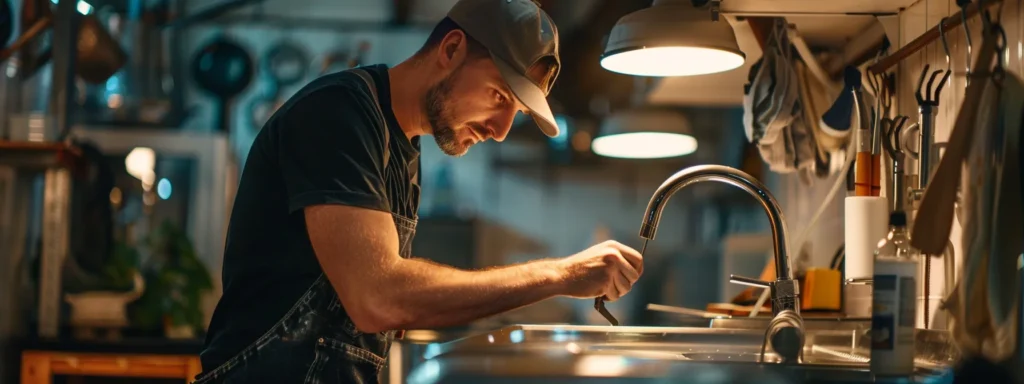a tacoma plumbing contractor expertly repairs a modern sink in a bustling commercial kitchen, illuminated by warm overhead lights, capturing the essence of efficient service and advanced plumbing solutions.