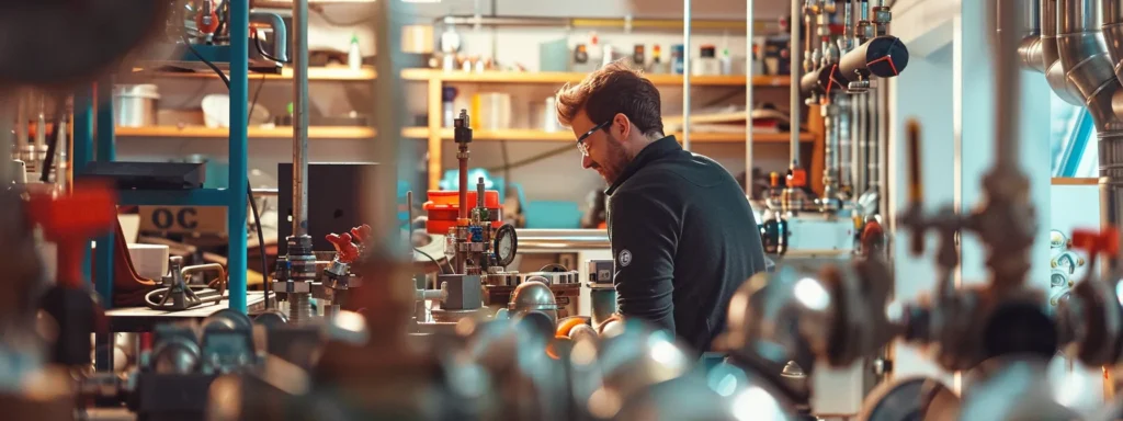 a vibrant and bustling plumbing workshop with shiny tools and equipment, showcasing a reliable plumber meticulously inspecting a complex plumbing system amidst pipes and gauges.