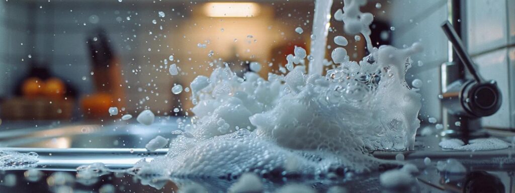 a vibrant, bubbling concoction of baking soda and vinegar erupts from a drain, capturing the energetic fizz and frothy reaction in a well-lit, focused kitchen environment.