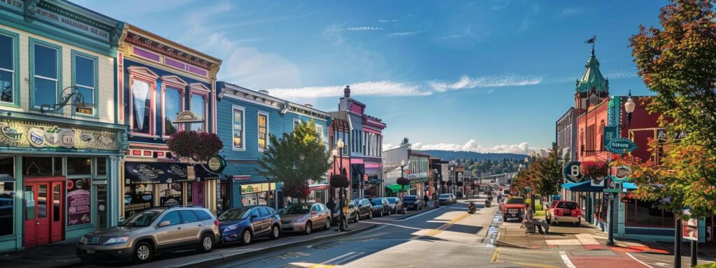 a vibrant, bustling scene of tacoma, wa, showcasing various plumbing companies with colorful banners announcing promotions and discounts, set against a sunny backdrop of charming local architecture.