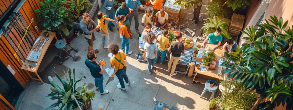 a vibrant community gathering showcases local plumbers actively engaging with residents, exchanging ideas about eco-friendly practices and community development under bright sunlight, evoking a sense of collaboration and support.