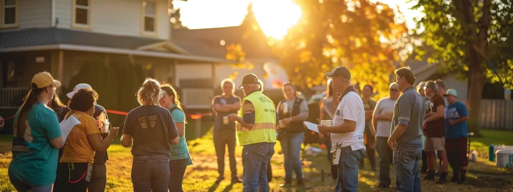 a vibrant community gathering in tacoma showcases skilled plumbers engaging with local residents, highlighting trust and collaboration under warm, golden evening light.