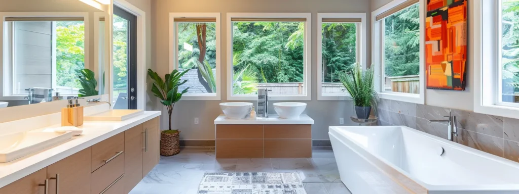 a vibrant illustration of satisfied tacoma homeowners proudly showcasing their newly renovated bathrooms, highlighting the transformative impact of quality plumbing services.